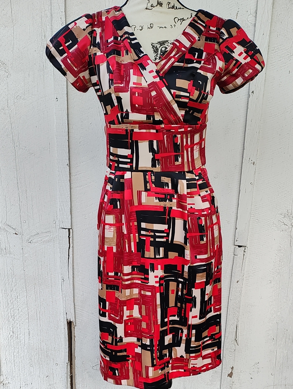 Rabbit Rabbit Rabbit Red, Black & Tan Abstract V‑Neck Sheath Dress